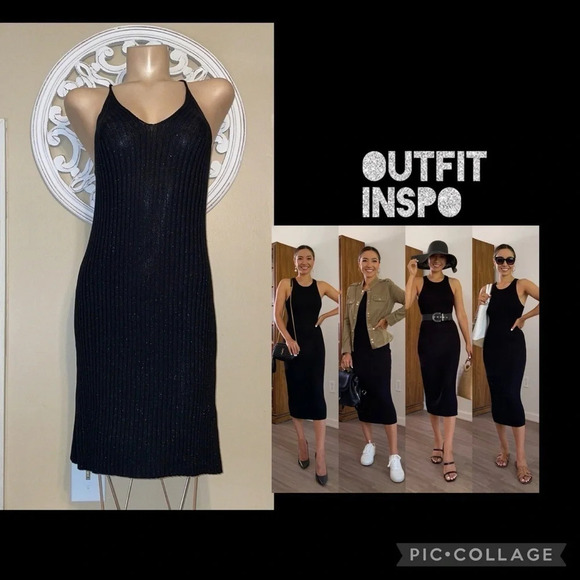 Spiegel women’s dress medium 8 10 knit black sparkle stretch midi sweater fitted - Picture 2 of 7